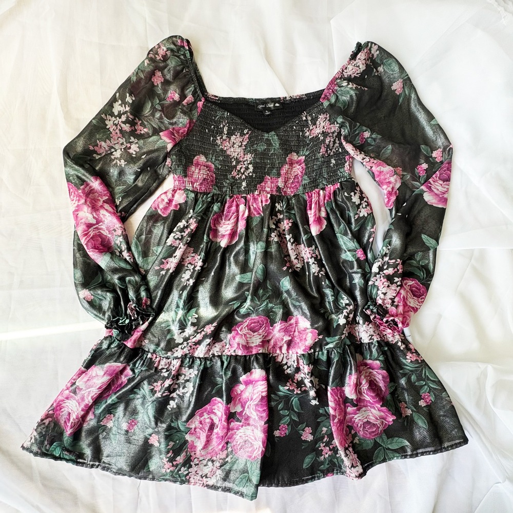 Fairycore Floral Puff Sleeve Smocked Babydoll Top Coquette Y2K Sz S
